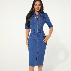 SHEIN SXY Women's Single-Breasted Split-Hem Fitted Denim Midi Dress Short Sleeve